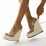 Summer PVC Transparent Peep Toe Cane Straw Weave Slippers Platform Wedges Sandals Women Fashion High Heels Female Shoes