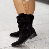 Winter Warm Suede Women Boots Vintage Zipper Shoes Buckle Lady Mid-Calf Boot Outdoor Thick Low Heel Female Pointed Booties