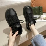 Heighten Platform Mid Heel Lolita Board Shoes Women Big Head Student Muffin Thick Bottom Autumn Sports Black White Pu Sneakers