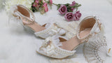 High Heels 8cm Luxury Sweet Women Lolita Wedding Shoes Diamond Lace Bow Tea Party Cos Slingbacks Pointed Toe Ankle Strap Sandals