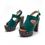 Ladies Platform Sandals Rivet Chunky High-Heeled Sandals Soft Leather Bag Feet Shoes Open Toe Women Sandals 12cm PU Wooden Green