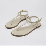 Summer No Heel Sandals for Women Buckles Ladies Shoes One Word Footwear Beige Flat Rubber Outdoor Trend H Vintage Original