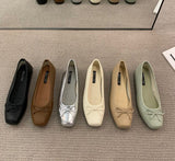 Classic Female Flats Ballerina Shoes Women Fashion Square Toe Pleated Ballet Bow Knot Shallow Moccasin Casual Loafer Sliver