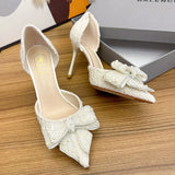 Luxury Pearl Crystal Bowtie White Wedding Shoes Women Autumn Brand Designer High Heels Pumps Woman Thin Heeled Party Shoes