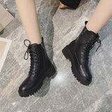 Brown Pu Leather Ankle Boots for Women Autumn Winter Short Plush Motorcycle Boots Woman Vintage Lace Up Botas Shoes