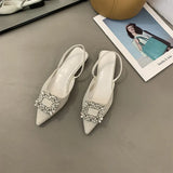 2023 New Summer Rhinestones Women Sandal Fashion Pointed Toe Shallow Slip On Ladies Elegant Slingback Shoes Casual Flats Heel