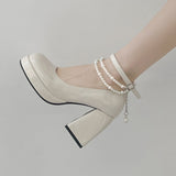 Vintage High Heels Mary Jane Shoes for Women  Patent Leather Platform Pumps Woman Pearls Chain Thick-Heeled Shoes Female