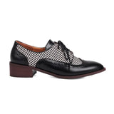 British style brown oxford shoes women casual brogue square heel striped pointed toe derby shoes