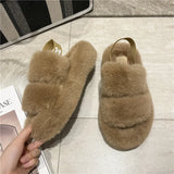 5CM Winter Women Fur Platform Slippers Fashion Big Size Flip Flops  Short Plush Flats Home Cotton Shoes Soft Ladies Slipper