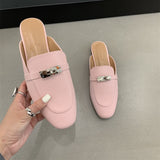 Women Flat Slippers New Fashion Metal Chain Close Toe Mule Shoes Slip On Casual Loafers Brand Slides Flip Flops