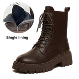 Brown Pu Leather Ankle Boots for Women Autumn Winter Short Plush Motorcycle Boots Woman Vintage Lace Up Botas Shoes