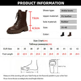 Brown Pu Leather Ankle Boots for Women Autumn Winter Short Plush Motorcycle Boots Woman Vintage Lace Up Botas Shoes