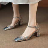 Footwear with Medium Heels Summer Silver Sandals for Woman Party Weddings Women's Shoes Closed Square H Chic and Elegant F