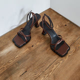 Summer Narrow Band Heel Sandals Women Thick Heel 7 CM Ankle Strap Fashion Square Toe Ladies Dress Sandalias Women's shoes