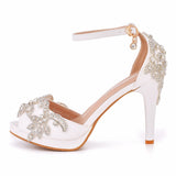 Crystal Queen Women Wedding Shoes Bride Sandals White Rhinestones Silver Platform Dress Thin High Heels Ladies Pumps