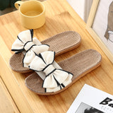 Women Summer Casual Slides Comfortable Flax Slippers Striped Bow Linen Flip Flops Platform Sandals Ladies Indoor Shoes