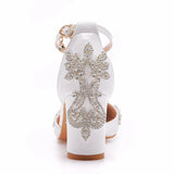 Crystal Queen Women 7CM Thick High Heels Sexy Pumps White Luxury Rhinestone Wedding Bride Shoes Pointed Toe Buckle Strap Sandals