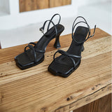 Summer Narrow Band Heel Sandals Women Thick Heel 7 CM Ankle Strap Fashion Square Toe Ladies Dress Sandalias Women's shoes