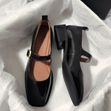 Women Vintage Square Toe Patent Leather Shoes Ankle Strap Low Heel Mary Jane Shoes Woman Dark Brown Shallow Pumps