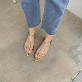 Women Flats Sandals Pointed Toe Narrow Band Design Sandals Ankle Buckle Strap Clip Toe Roman Style Casual Beach Shoes Summer