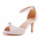 Crystal Queen White Pearl Sandals Women Open Toe High Heels Lady Luxury Wedding Shoes Banquet Dress Stiletto