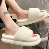 Fluffy Fur Home Slippers Women Winter  Non-slip Indoor Floor Shoes Thick Bottom Home Cotton Furry Slippers Flip Flops