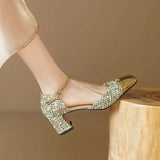 Footwear with Medium Heels Summer Silver Sandals for Woman Party Weddings Women's Shoes Closed Square H Chic and Elegant F