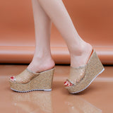 Bling Golden Women Slippers Summer Shoes Platform(4cm) Outside Fitting-room 11cm High Heels Wedges Solid Mesh Female Slides