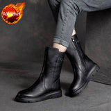 Footwear Mid Calf Women's Boots Wedge Heel Biker Shoes for Woman Half High Leather Brown Fashion 2023 on Offer Free Shipping Y2k