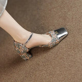 Footwear with Medium Heels Summer Silver Sandals for Woman Party Weddings Women's Shoes Closed Square H Chic and Elegant F