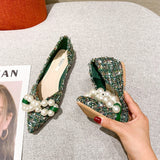 Flat Shoes for WomenSpring Summer New Big Pearls Green White Women Flats Slip on Casual Loafers Zapatillas Mujer 44 45 46