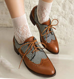 British style brown oxford shoes women casual brogue square heel striped pointed toe derby shoes