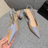 Summer Pointed Toe Silk Pumps Women Back Strap Buckle Thick Heels Sandals Woman Shallow Mouth Party Shoes Ladies