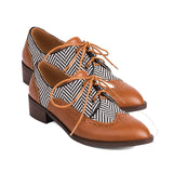 British style brown oxford shoes women casual brogue square heel striped pointed toe derby shoes