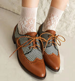 British style brown oxford shoes women casual brogue square heel striped pointed toe derby shoes