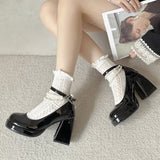 Vintage High Heels Mary Jane Shoes for Women  Patent Leather Platform Pumps Woman Pearls Chain Thick-Heeled Shoes Female