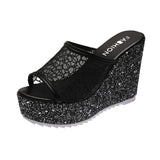 Bling Golden Women Slippers Summer Shoes Platform(4cm) Outside Fitting-room 11cm High Heels Wedges Solid Mesh Female Slides