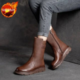 Footwear Mid Calf Women's Boots Wedge Heel Biker Shoes for Woman Half High Leather Brown Fashion 2023 on Offer Free Shipping Y2k