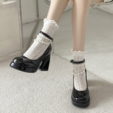 Vintage High Heels Mary Jane Shoes for Women  Patent Leather Platform Pumps Woman Pearls Chain Thick-Heeled Shoes Female