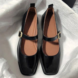 Women Vintage Square Toe Patent Leather Shoes Ankle Strap Low Heel Mary Jane Shoes Woman Dark Brown Shallow Pumps