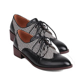 British style brown oxford shoes women casual brogue square heel striped pointed toe derby shoes