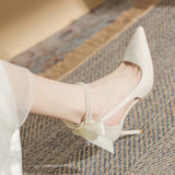 Elegant Ladies White Pearls Ankle Strap Pumps for Wedding Women Silk Back Bowtie High Stiletto Heeled Shoes Woman Spring