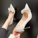 Ladies Sexy Stiletto Heel Pearl Wedding Shoes Bride Thin High Heels White Pumps Women Pointed Toe Dress Party Shoes