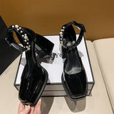 Lace Bowknot Pearls Strap Platform Pumps Women Thick Heels Mary Jean Shoes Woman Square Toe High Heeled Shoes Ladies