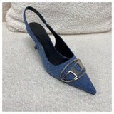 Fashion Slingback Sandals Women Med Heels Pumps Rivet Shoes Elegant Pointed Toe Female Mules Dress Slides Denim Sandalias  Mujer