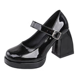 Lucyever Patent Leather Platform Pumps Women Elegant Square Heels Mary Jane Shoes Woman Ankle Buckle High Heeled Shoes Female