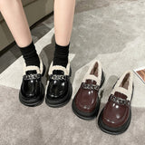 Women's Shoes Platform Round Toe Oxfords Casual Female Sneakers Slip-on Loafers With Fur British Style Clogs Leather New Slip On