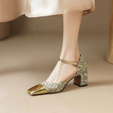 Footwear with Medium Heels Summer Silver Sandals for Woman Party Weddings Women's Shoes Closed Square H Chic and Elegant F