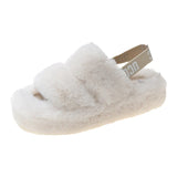 5CM Winter Women Fur Platform Slippers Fashion Big Size Flip Flops  Short Plush Flats Home Cotton Shoes Soft Ladies Slipper