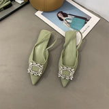 2023 New Summer Rhinestones Women Sandal Fashion Pointed Toe Shallow Slip On Ladies Elegant Slingback Shoes Casual Flats Heel